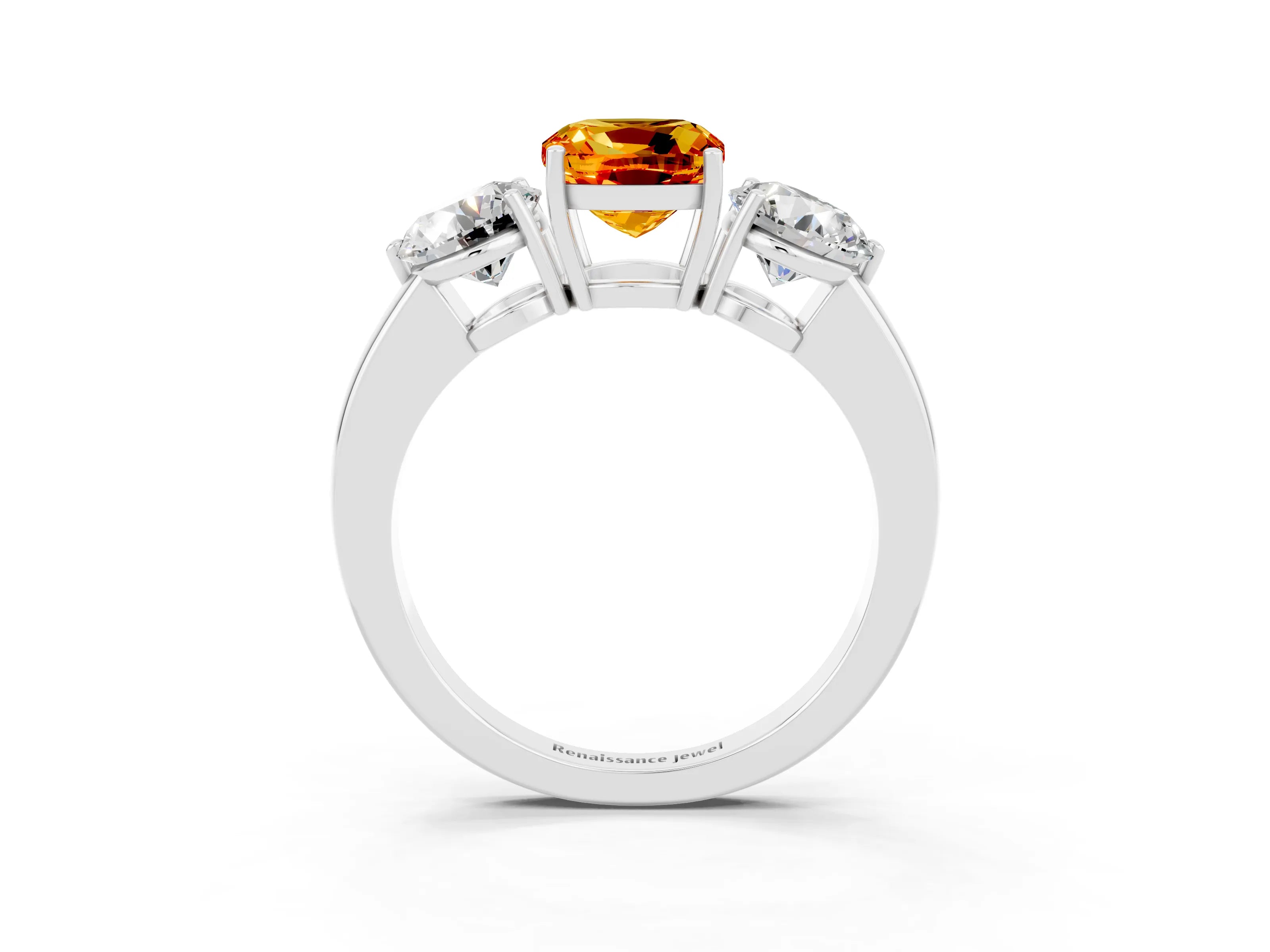 White gold Cushion Cut Citrine Three-Stone Ring with Prong Setting and Classic Band_3
