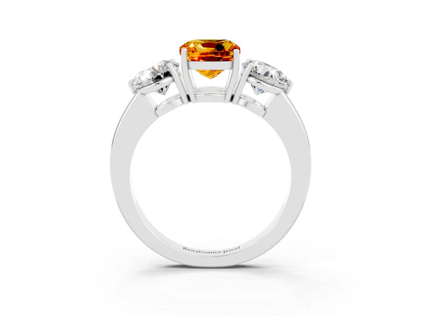 White gold Cushion Cut Citrine Three-Stone Ring with Prong Setting and Classic Band