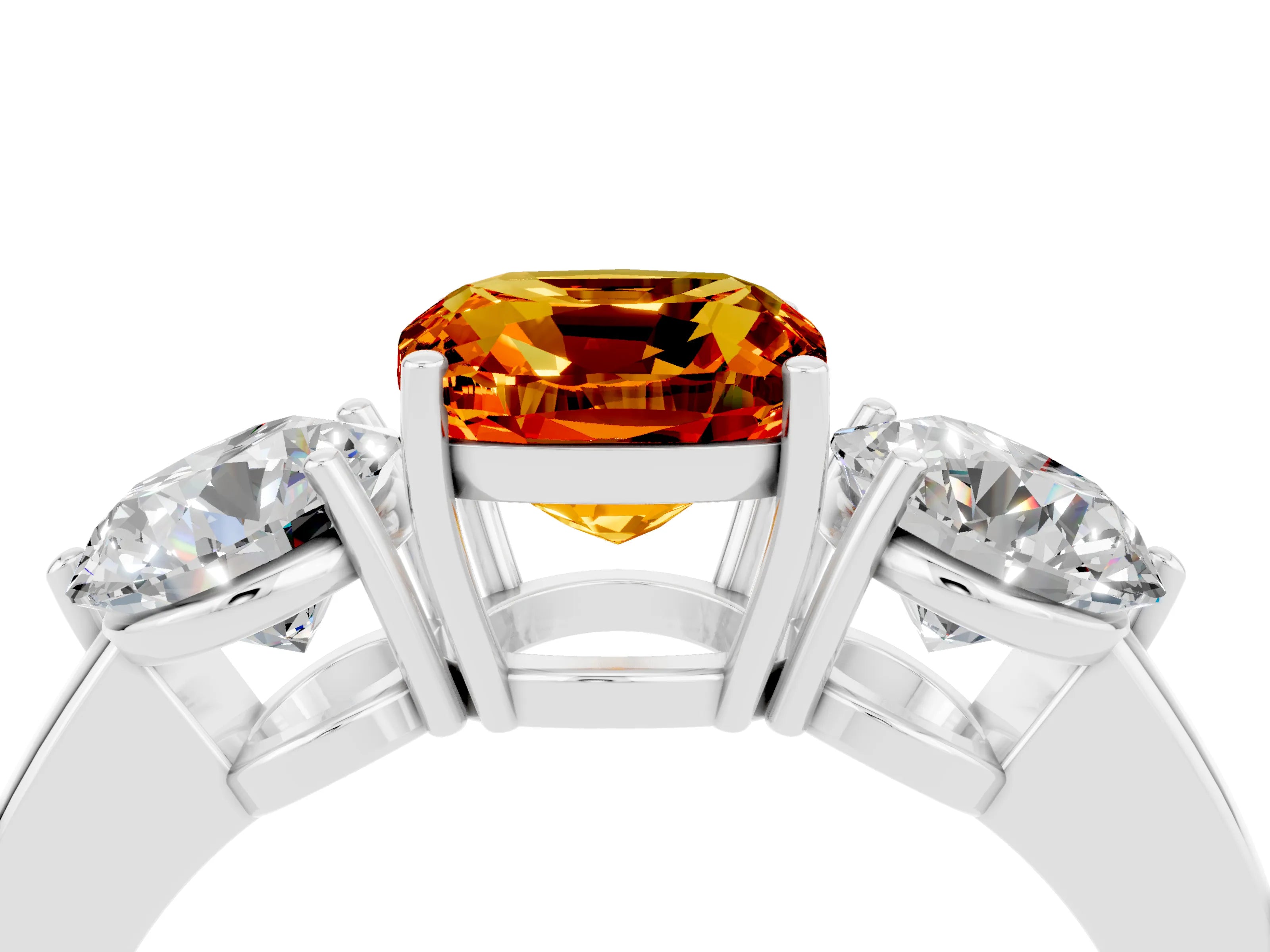 White gold Cushion Cut Citrine Three-Stone Ring with Prong Setting and Classic Band_4