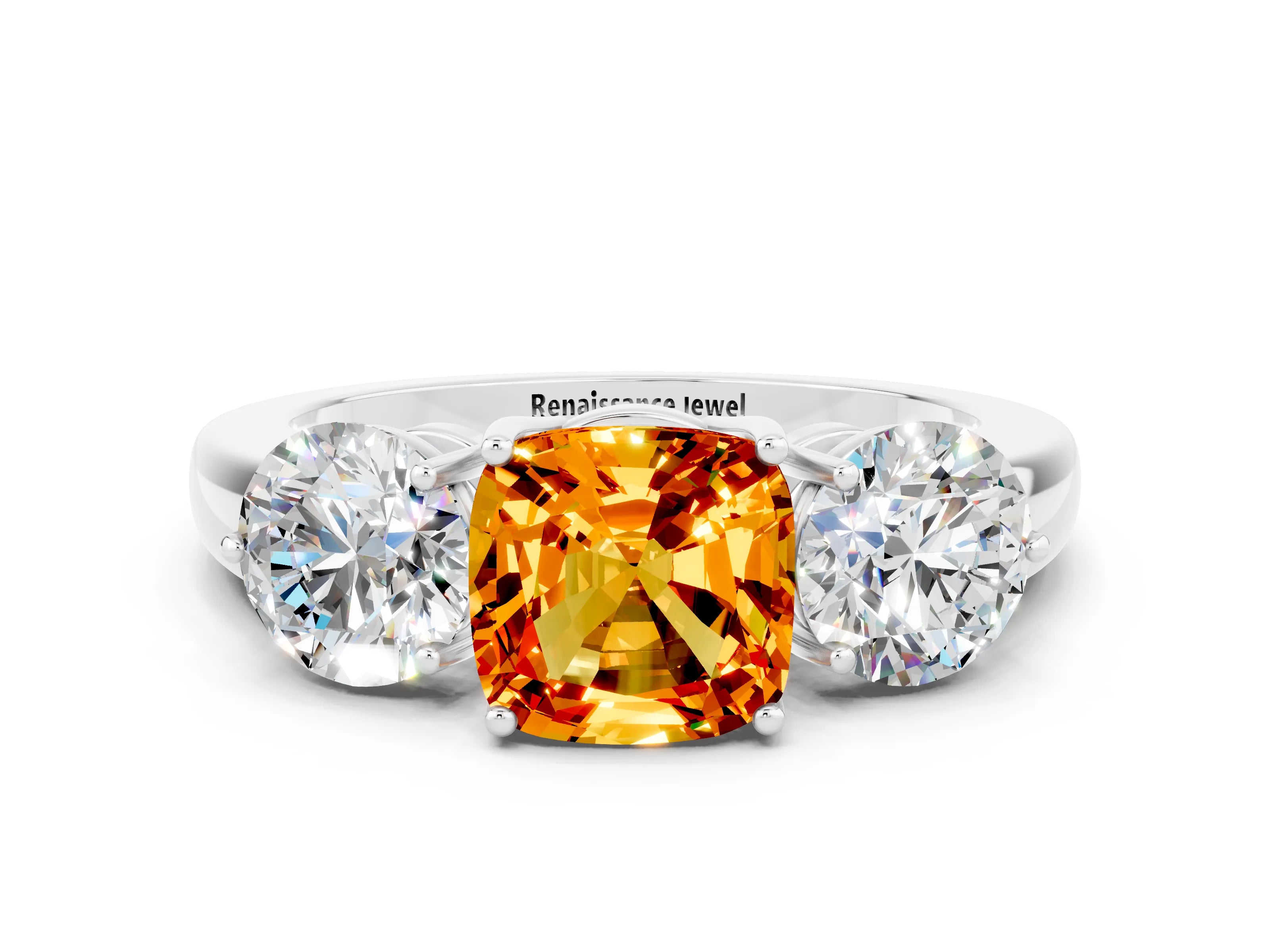 White gold Cushion Cut Citrine Three-Stone Ring with Prong Setting and Classic Band