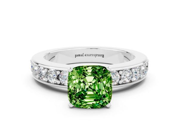 Platinum Cushion Cut Peridot Engagement Ring with Channel Set Round  Band and Prong Setting