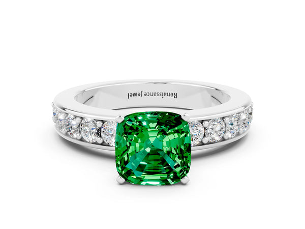 Platinum Cushion Cut Emerald Engagement Ring with Channel Set Round  Band and Prong Setting