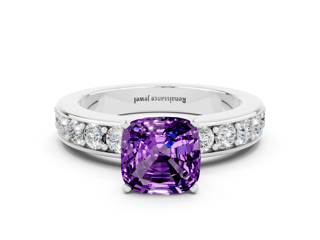 White gold Cushion Cut Cut Channel Set Diamond Engagement Ring with Four-Prong Setting
