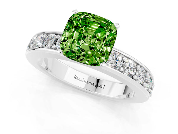 White gold Cushion Cut Peridot Engagement Ring with Channel Set Round  Band and Prong Setting