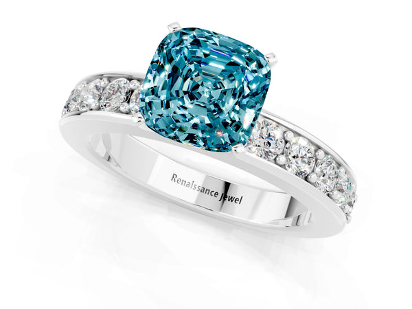 White gold Cushion Cut Blue Topaz Engagement Ring with Channel Set Round  Band and Prong Setting