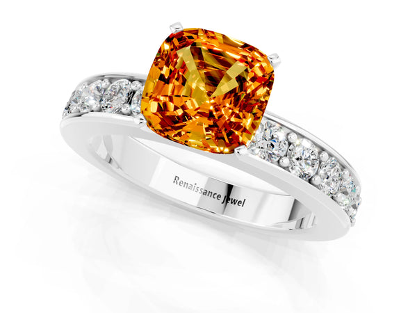 Platinum Cushion Cut Citrine Engagement Ring with Channel Set Round  Band and Prong Setting
