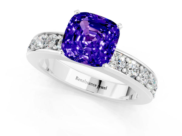 Platinum Cushion Cut Tanzanite Engagement Ring with Channel Set Round  Band and Prong Setting