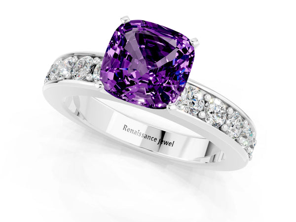 White gold Cushion Cut Amethyst Engagement Ring with Channel Set Round  Band and Prong Setting