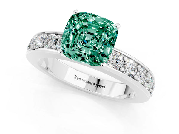 Platinum Cushion Cut Green Sapphire Engagement Ring with Channel Set Round  Band and Prong Setting
