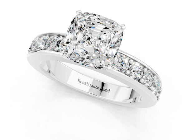 Platinum Cushion Cut Moissanite Engagement Ring with Channel Set Round  Band and Prong Setting