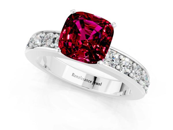 White gold Cushion Cut Garnet Engagement Ring with Channel Set Round  Band and Prong Setting