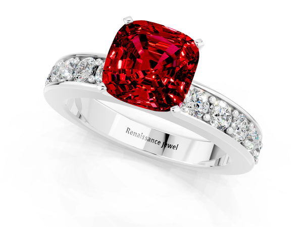 Silver Cushion Cut Ruby Engagement Ring with Channel Set Round  Band and Prong Setting