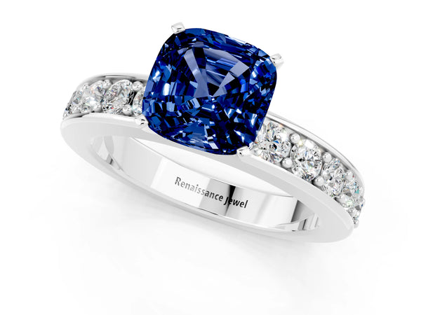 Silver Cushion Cut Blue Sapphire Engagement Ring with Channel Set Round  Band and Prong Setting