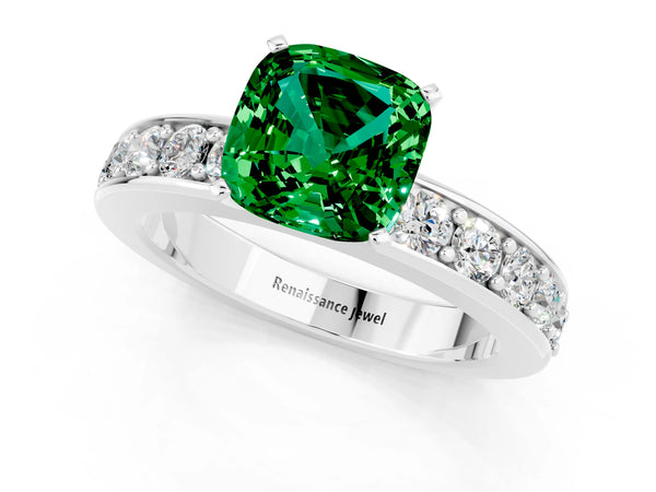 Silver Cushion Cut Emerald Engagement Ring with Channel Set Round  Band and Prong Setting