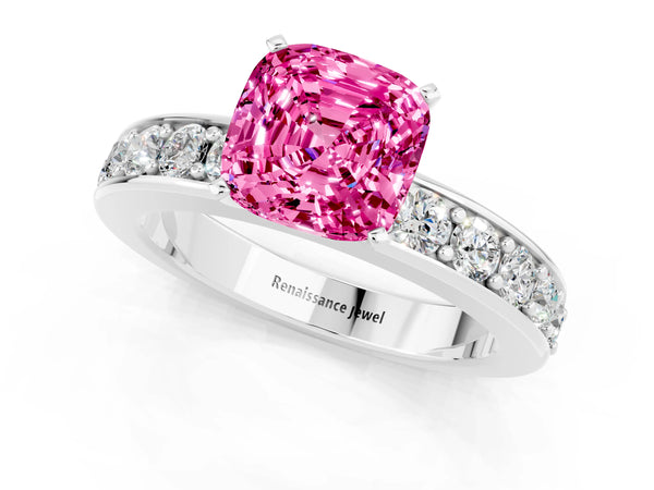 Silver Cushion Cut Pink Sapphire Engagement Ring with Channel Set Round  Band and Prong Setting
