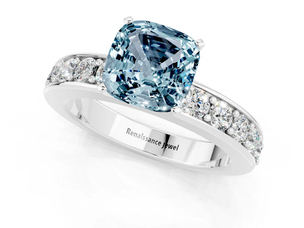 Platinum Cushion Cut Aquamarine Engagement Ring with Channel Set Round  Band and Prong Setting