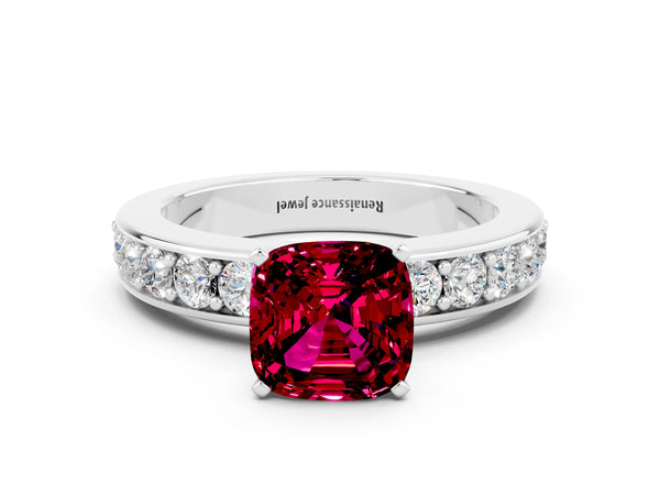 Silver Cushion Cut Garnet Engagement Ring with Channel Set Round  Band and Prong Setting