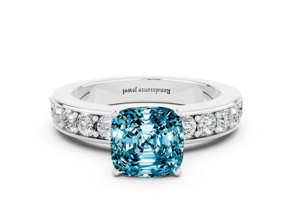 White gold Cushion Cut Blue Topaz Engagement Ring with Channel Set Round  Band and Prong Setting
