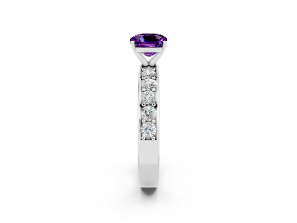 Silver Cushion Cut Amethyst Engagement Ring with Channel Set Round  Band and Prong Setting