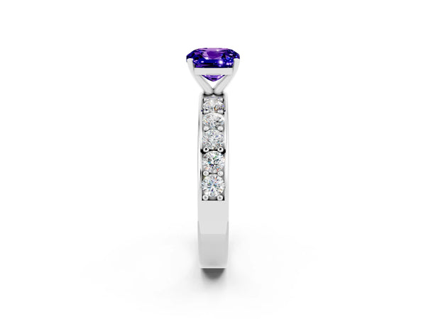 Platinum Cushion Cut Tanzanite Engagement Ring with Channel Set Round  Band and Prong Setting