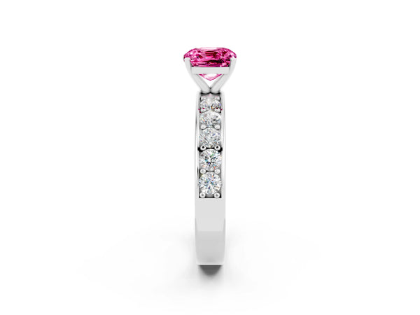 Silver Cushion Cut Pink Sapphire Engagement Ring with Channel Set Round  Band and Prong Setting