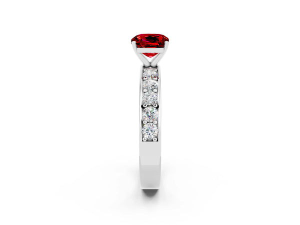 White gold Cushion Cut Ruby Engagement Ring with Channel Set Round  Band and Prong Setting