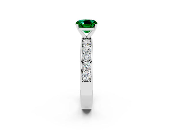 Silver Cushion Cut Emerald Engagement Ring with Channel Set Round  Band and Prong Setting