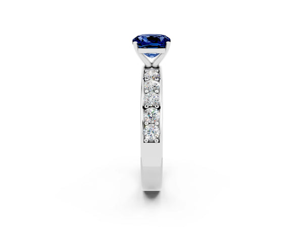 Silver Cushion Cut Blue Sapphire Engagement Ring with Channel Set Round  Band and Prong Setting