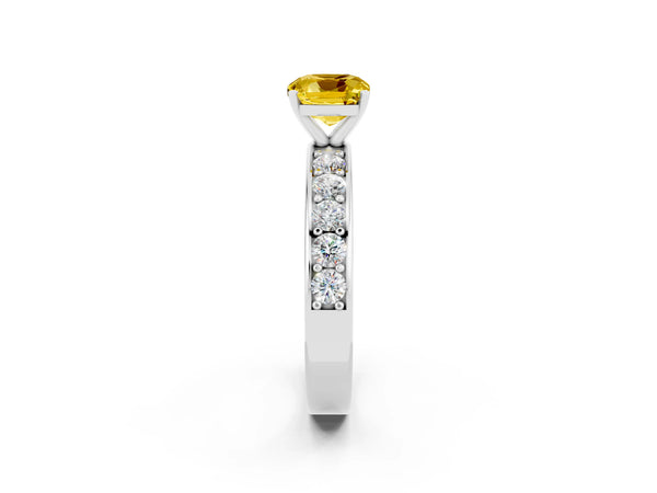 White gold Cushion Cut Yellow Sapphire Engagement Ring with Channel Set Round  Band and Prong Setting