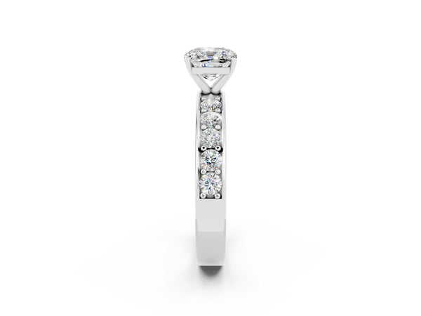 Platinum Cushion Cut Moissanite Engagement Ring with Channel Set Round  Band and Prong Setting