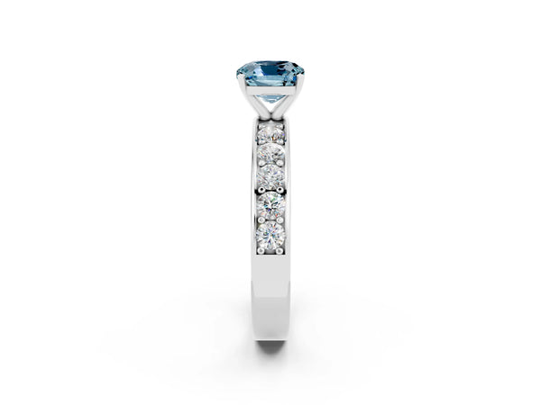 Platinum Cushion Cut Aquamarine Engagement Ring with Channel Set Round  Band and Prong Setting