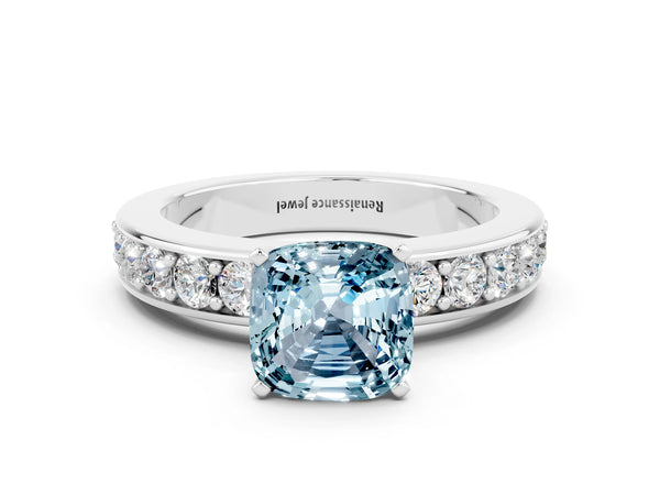 Silver Cushion Cut Aquamarine Engagement Ring with Channel Set Round  Band and Prong Setting