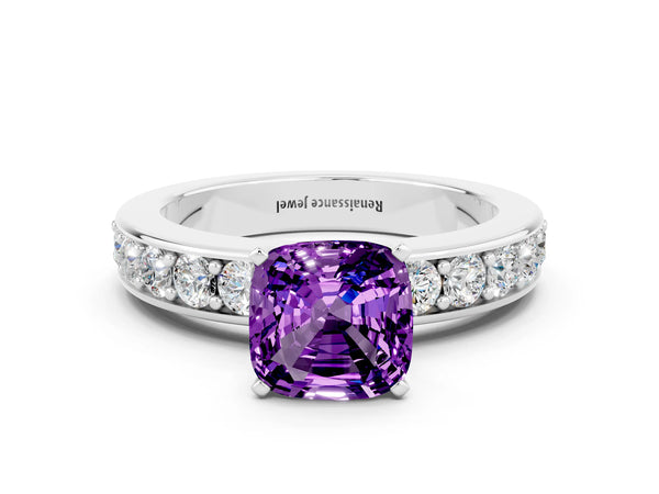 Silver Cushion Cut Amethyst Engagement Ring with Channel Set Round  Band and Prong Setting