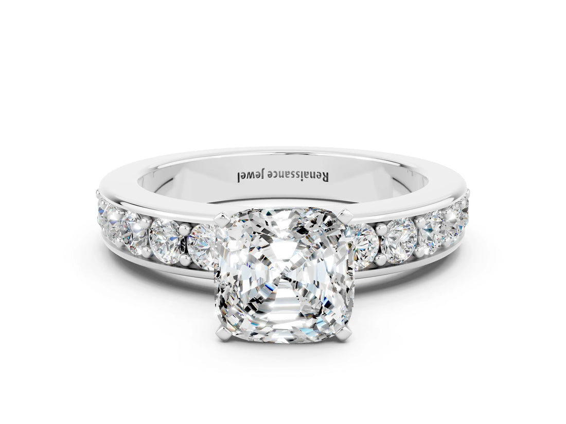 White gold Cushion Cut Cut Channel Set Diamond Engagement Ring with Four-Prong Setting