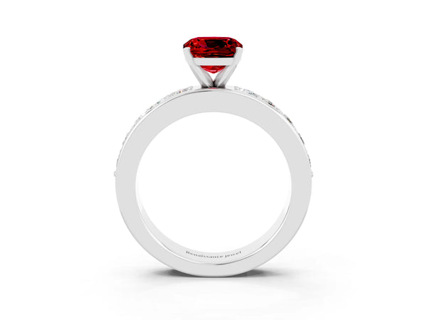 Silver Cushion Cut Ruby Engagement Ring with Channel Set Round  Band and Prong Setting
