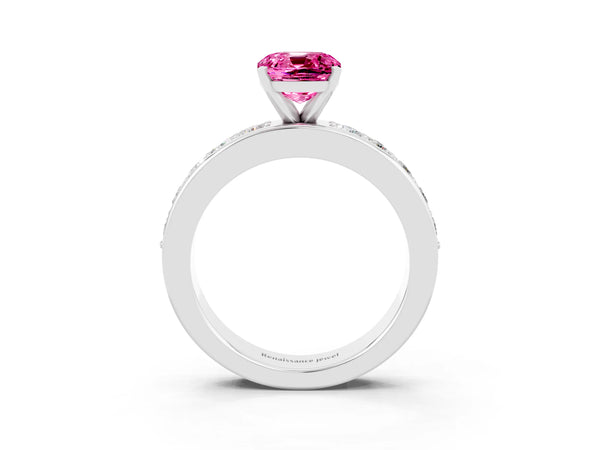 White gold Cushion Cut Pink Sapphire Engagement Ring with Channel Set Round  Band and Prong Setting