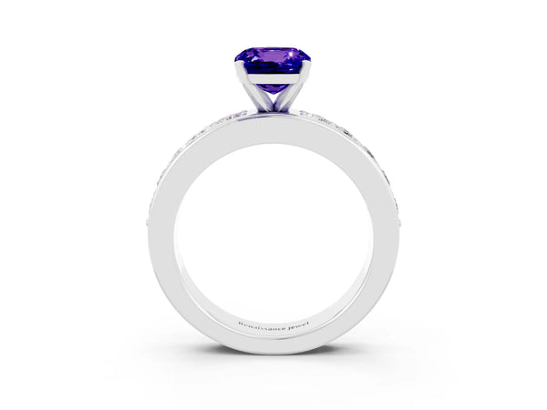 White gold Cushion Cut Tanzanite Engagement Ring with Channel Set Round  Band and Prong Setting