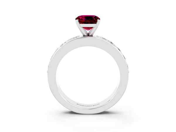 Silver Cushion Cut Garnet Engagement Ring with Channel Set Round  Band and Prong Setting