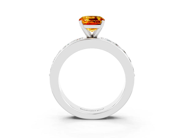 Platinum Cushion Cut Citrine Engagement Ring with Channel Set Round  Band and Prong Setting