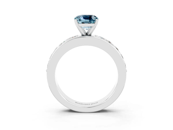 Silver Cushion Cut Aquamarine Engagement Ring with Channel Set Round  Band and Prong Setting