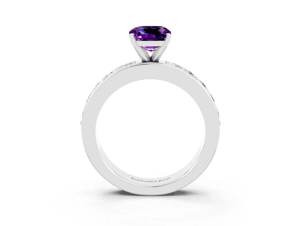 White gold Cushion Cut Amethyst Engagement Ring with Channel Set Round  Band and Prong Setting