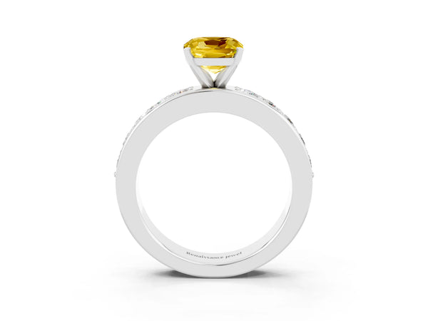 Platinum Cushion Cut Yellow Sapphire Engagement Ring with Channel Set Round  Band and Prong Setting