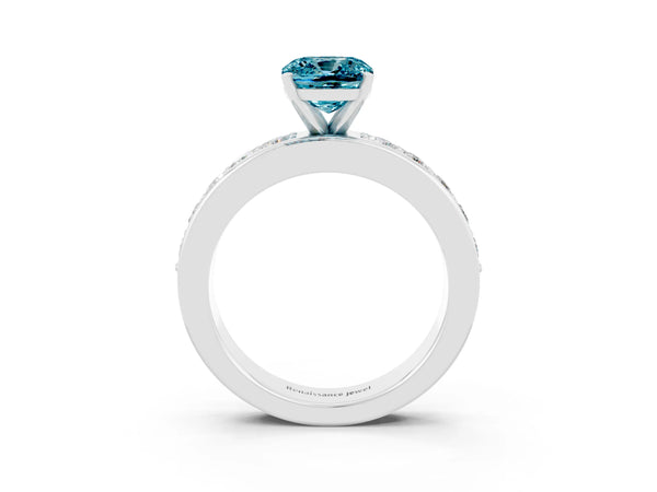 White gold Cushion Cut Blue Topaz Engagement Ring with Channel Set Round  Band and Prong Setting