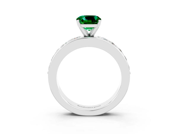 Platinum Cushion Cut Emerald Engagement Ring with Channel Set Round  Band and Prong Setting