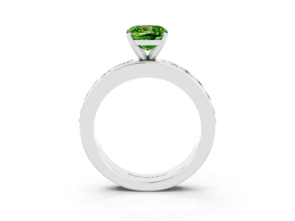 Platinum Cushion Cut Peridot Engagement Ring with Channel Set Round  Band and Prong Setting