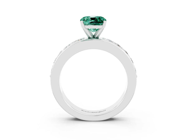 Silver Cushion Cut Green Sapphire Engagement Ring with Channel Set Round  Band and Prong Setting