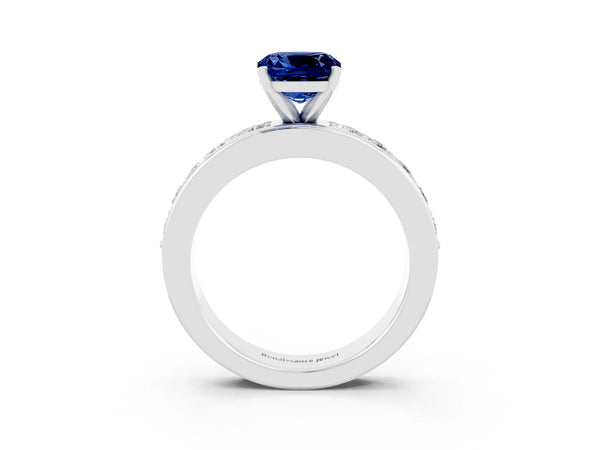 Silver Cushion Cut Blue Sapphire Engagement Ring with Channel Set Round  Band and Prong Setting