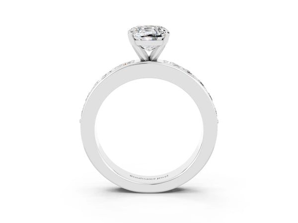 Platinum Cushion Cut Moissanite Engagement Ring with Channel Set Round  Band and Prong Setting