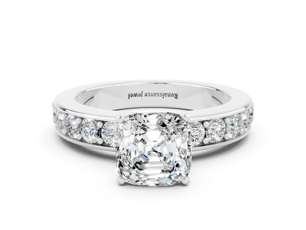 Platinum Cushion Cut Moissanite Engagement Ring with Channel Set Round  Band and Prong Setting