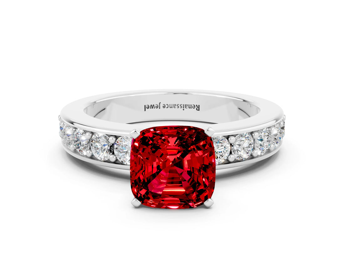 White gold Cushion Cut Cut Channel Set Diamond Engagement Ring with Four-Prong Setting